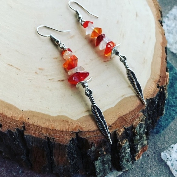 carnelian & quartz feather dangly earrings stainless steel posts - Picture 6 of 7